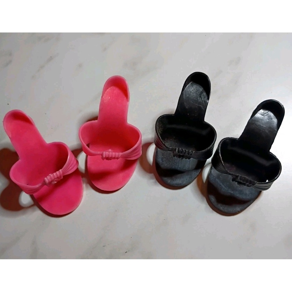 Vintage Doll Shoes Lot 2 Pairs Pink Black High Heel Mules Open Toe Slides